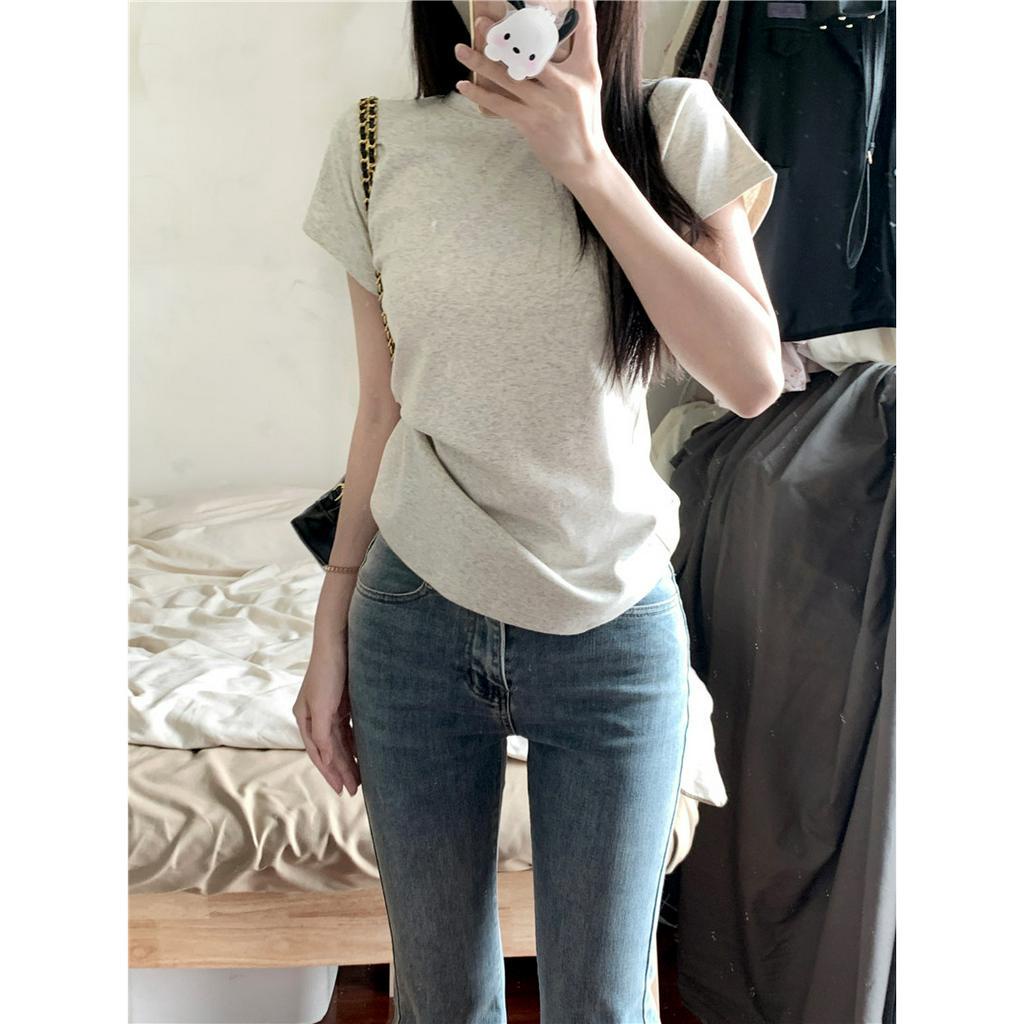 Ethelgirl Áo Thun Tay Ngắn Dáng Ôm Thiết Kế Đơn Giản Dễ Phối Đồ Thời Trang Phong Cách Hàn Quốc
