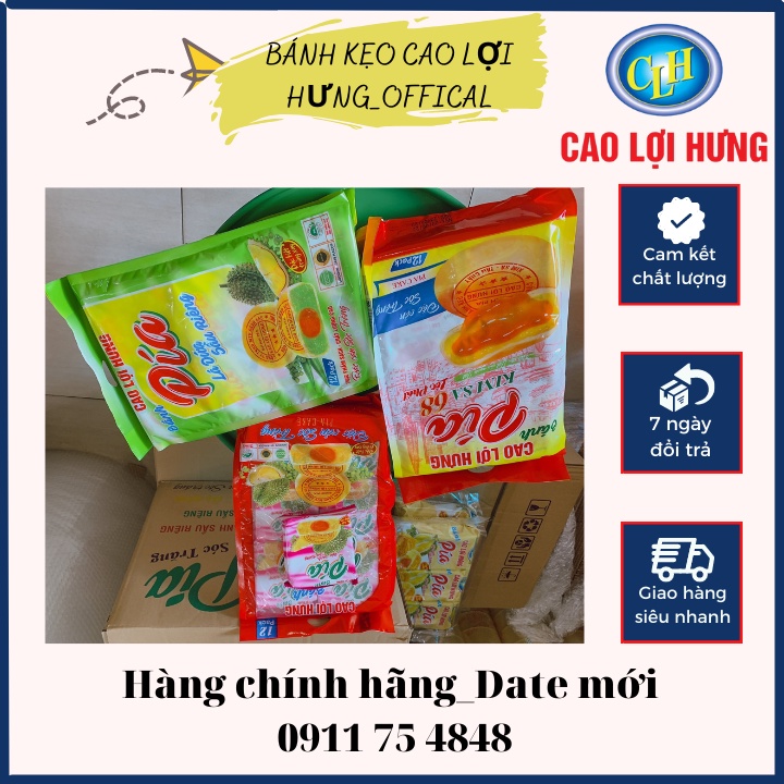 Freeship_Combo 4 vị bánh Pía đậu xanh sầu riêng, lá dứa sầu riêng, kim sa tan chảy, Chay Cao Lợi Hưng, Bịch 12 cái_95g/c