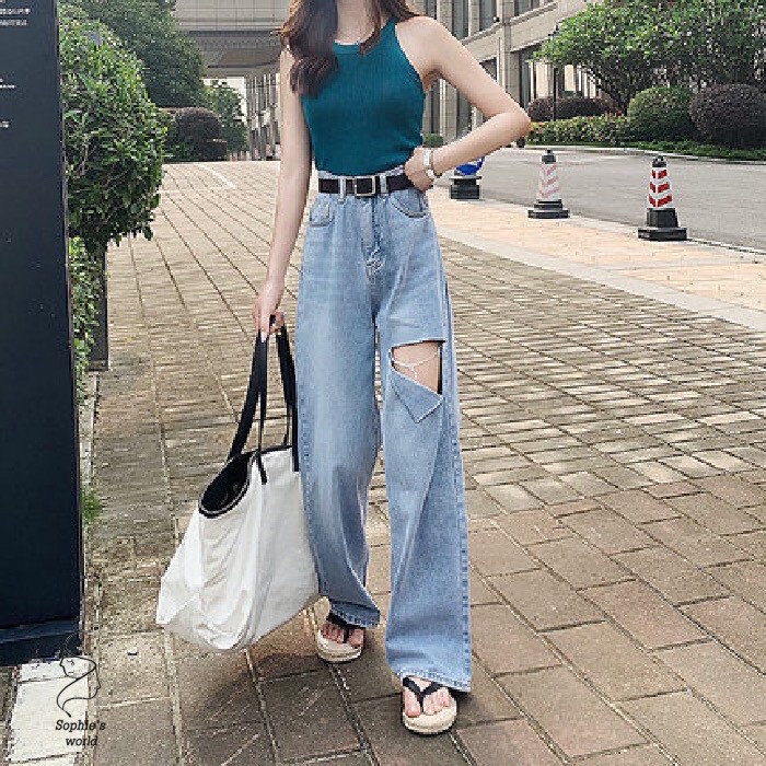 [Big Size Đại] Quần Ống Rộng Dài Form To Chuẩn 105cm- Quần Jeans Ống Rộng Rách 1 Đùi L To/Lưng Cao