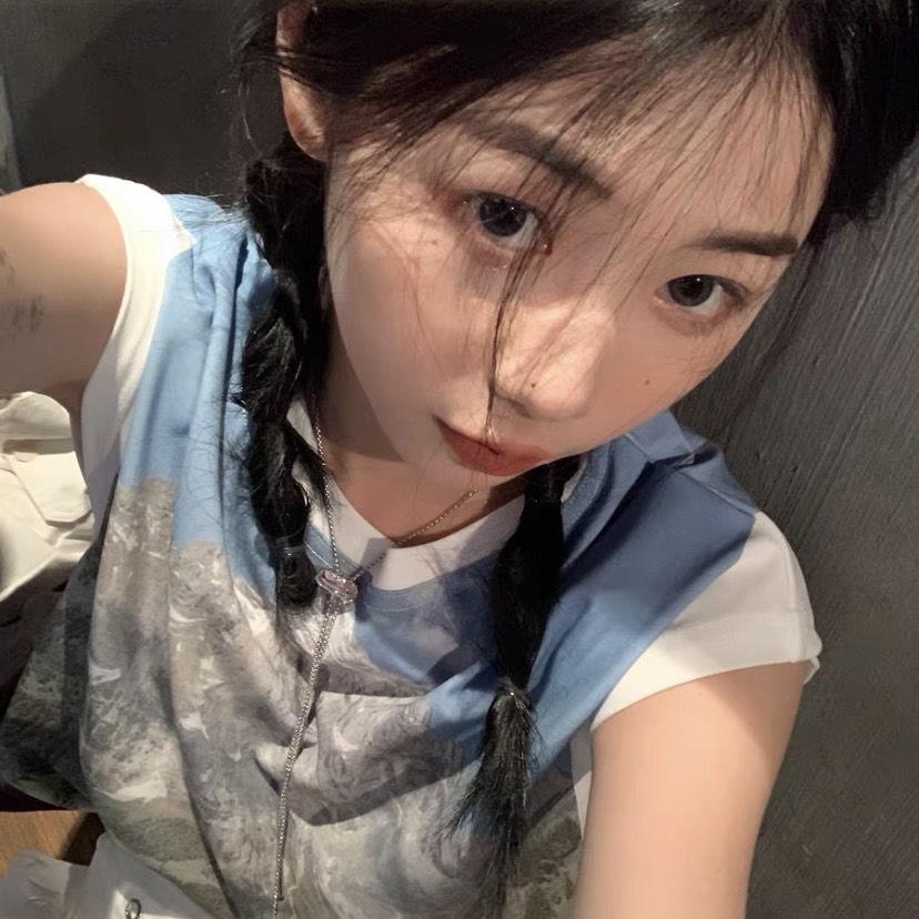 Áo Thun Cổ Tròn Dáng Rộng In Hình Phong Cảnh Ngọn Núi Mỹ Cổ Tròn Thời Trang Đường Phố Cho Nữ