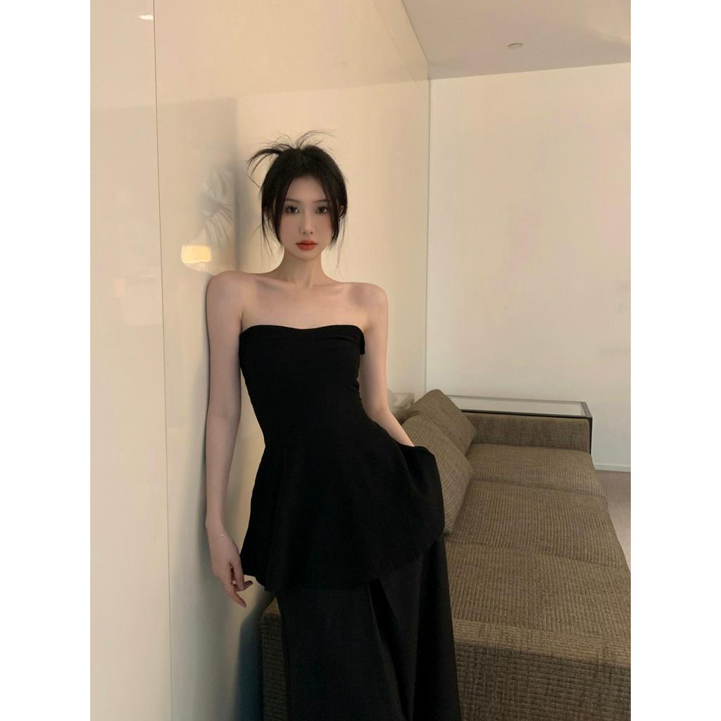 Cocory vn Bộ Áo Ngực Dáng Ôm / Quần Dài Ống Rộng Màu Đen Thời Trang Mùa Hè Quyến Rũ Cho Nữ