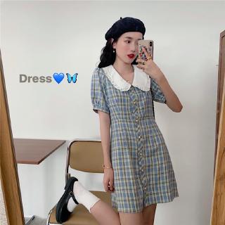 Đầm Nữ Tay Dài Cổ Búp Bê Kẻ Sọc Caro Phong Cách Retro Hàn Quốc