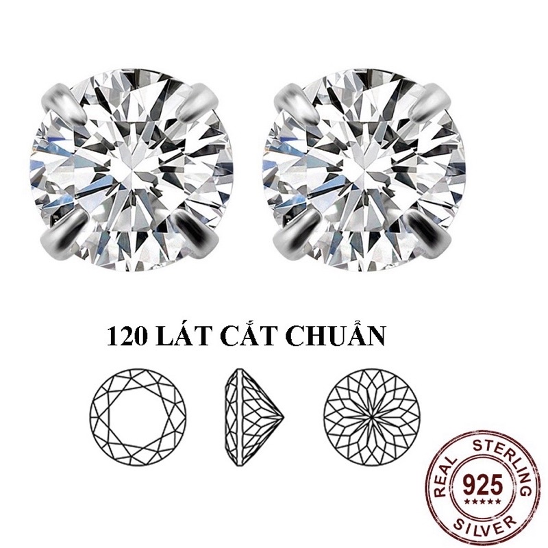 Bông Tai Bạc đính Đá CZ 6A Chuẩn 120 Lát Cắt Siêu Lấp Lánh Không ố Không mờ Khuyên Nụ Trắng Đen Đơn Giản