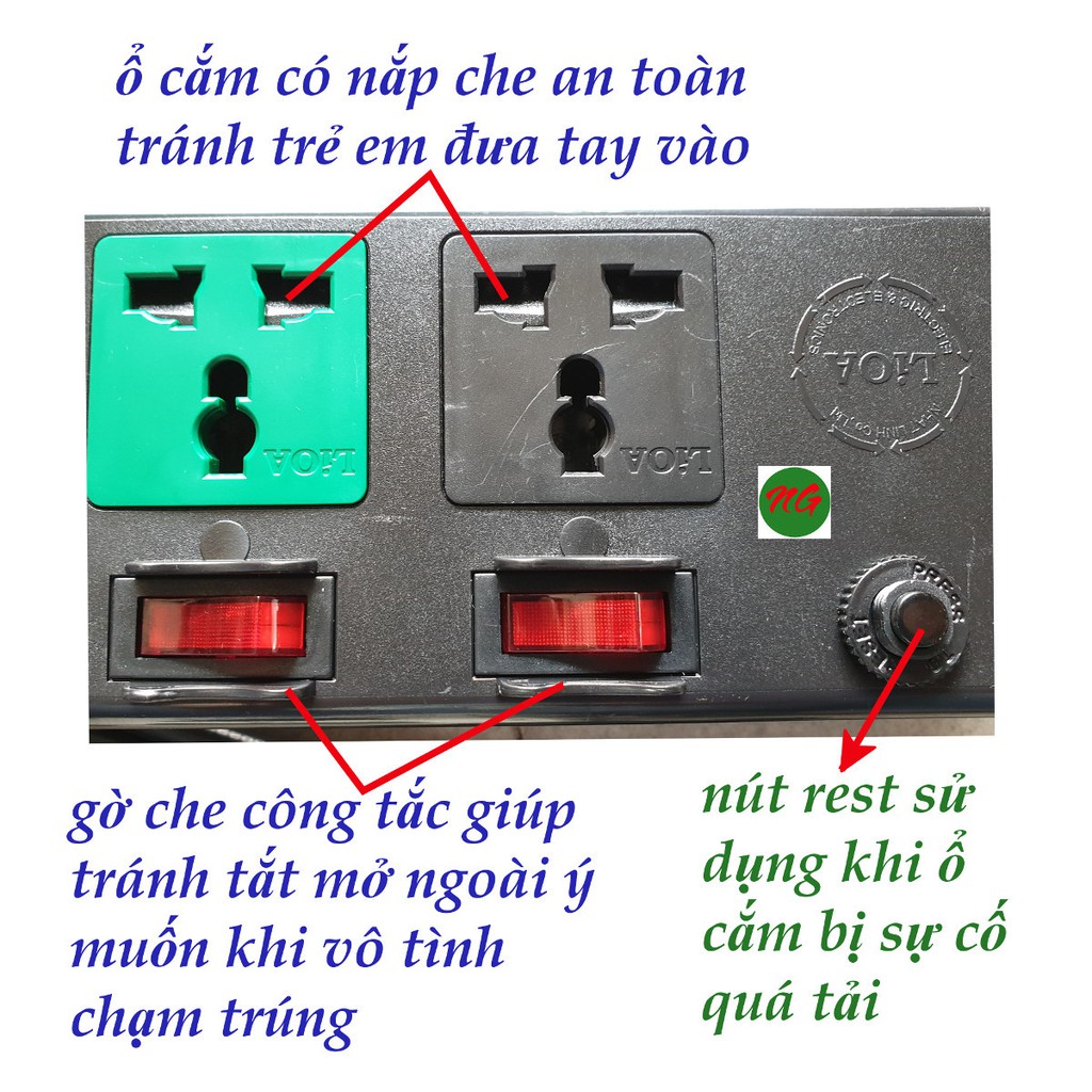 Ổ cắm điện 3 chấu đa năng LIOA 6 ổ cắm 6 công tắc công suất 2000 watt dây dài 3 mét 6DOF32WN (Trắng hoặc đen)