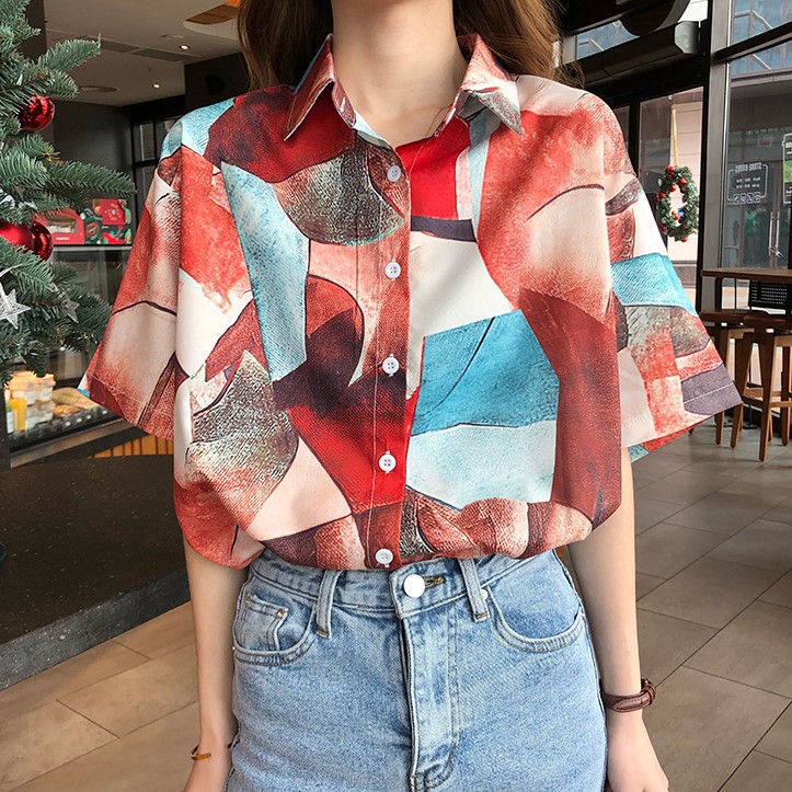 LEEVA - Áo sơ mi họa tiết nữ in hình phối màu thời trang L245: Nâu