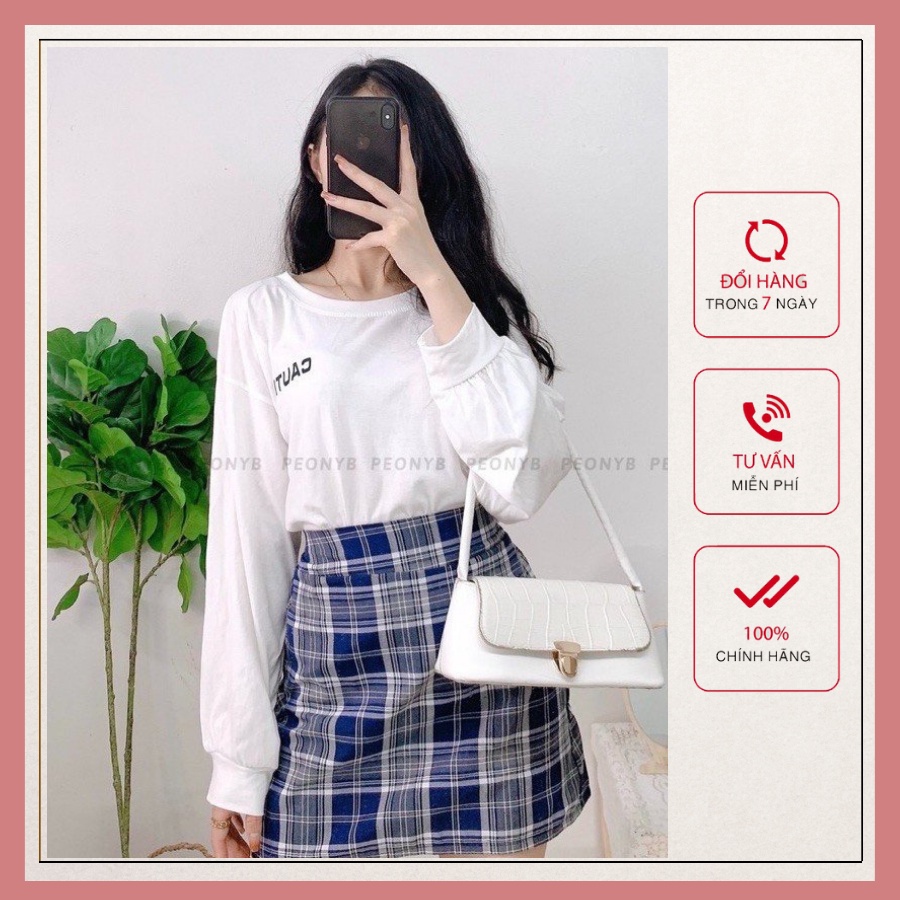 SET ÁO TAY DÀI - ÁO CHỮ MIX CHÂN VÁY KẺ SỌC CHỮ A