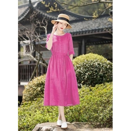 Váy nữ thiết kế vintage dáng dài thắt eo chất tơ Hàn