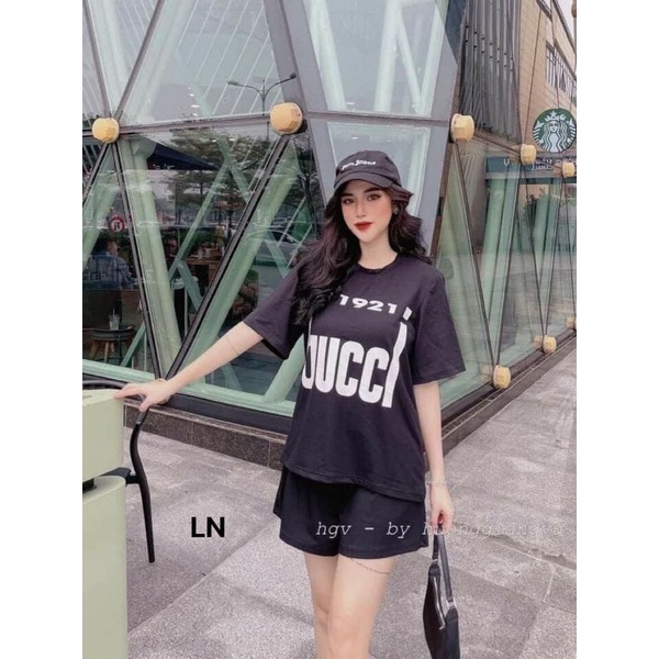 Sét đồ nam nữ Áo thun G.C unisex + quần short đùiChất cotton form thụng tay lỡForm &lt;55kg Bộ mặc nhà