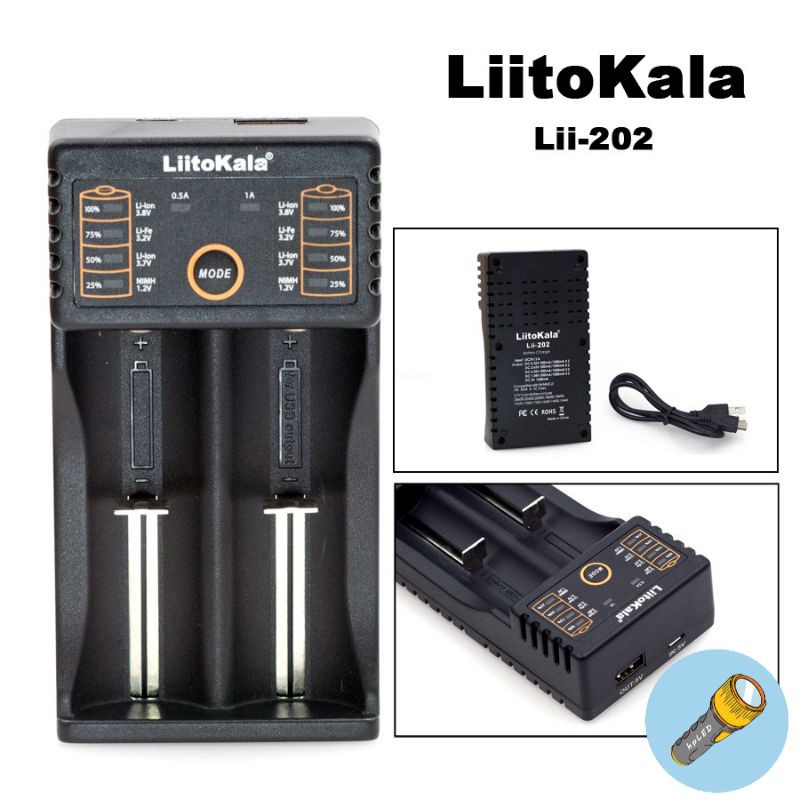 Sạc pin Liitokala Lii-202 Lii202 sạc thông minh 2 khe pin báo dung lượng pin còn lại
