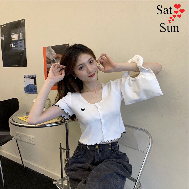 Áo len croptop nữ chất mongtoghi mỏng thoáng mát thêu hoạ tiết satsun | BigBuy360 - bigbuy360.vn