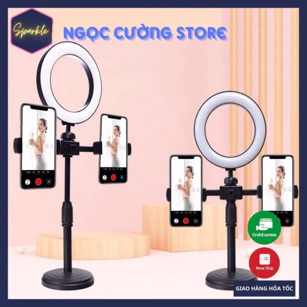 Đèn livestrem để bàn cao cấp 3in1 - 4in1, tích hợp giá đỡ kẹp 2 điện thoại, kiêm đèn led 3 màu quay video tiktok