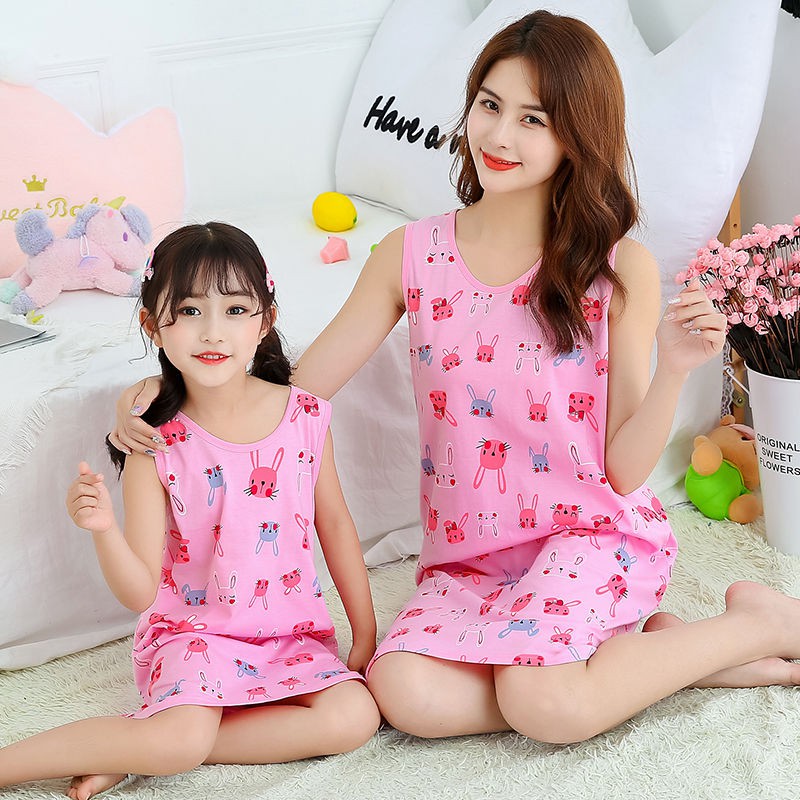 Váy ngủ trẻ em không tay bé gái mùa hè cotton bố mẹ địu công chúa dễ thương Bộ đồ mặc nhà phong cách Hàn Quốc
