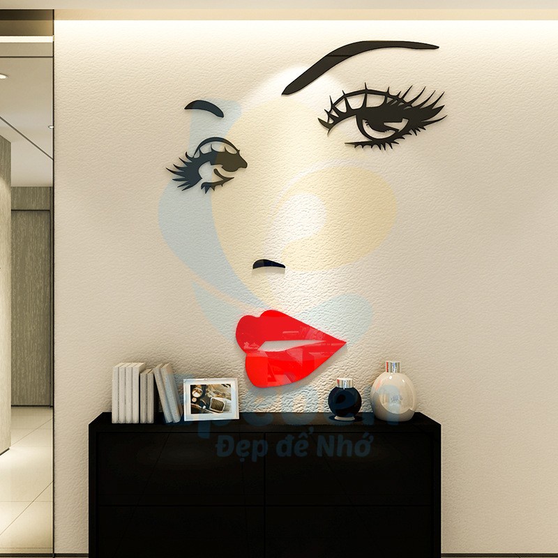 Tranh dán tường mica 3d decor khổ lớn mắt môi mica 3d trang trí spa, phòng ngủ, nail, cafe