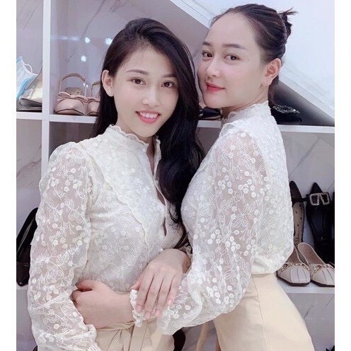 Áo sơ mi nữ ren bèo ngực dài tay đẹp hai lớp dáng suông cổ tròn trắng be đi làm đi chơi TNT