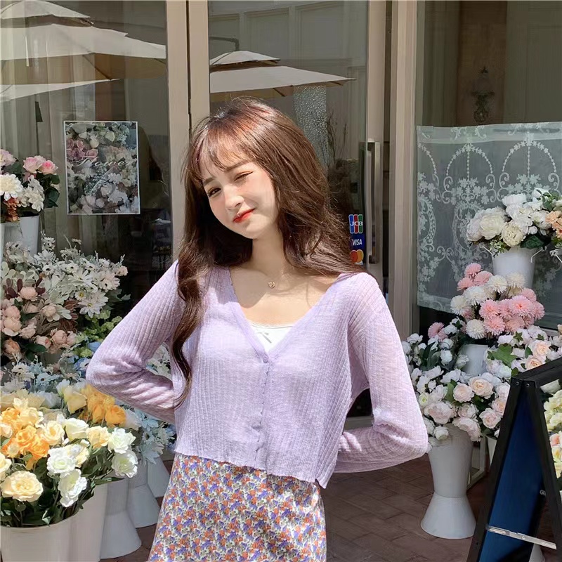 【Hana and Alice】Áo Khoác Cardigan Dệt Kim Vải Lụa Lạnh Tay Dài Chống Nắng Nhẹ Nhàng Kẻ Sọc Màu Trắng Mùa Hè Cho Nữ
