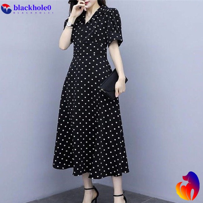 BH Summer Slim V-neck A-line Dress Simple Dot Flare Sleeves Middle Long Causal Dress
