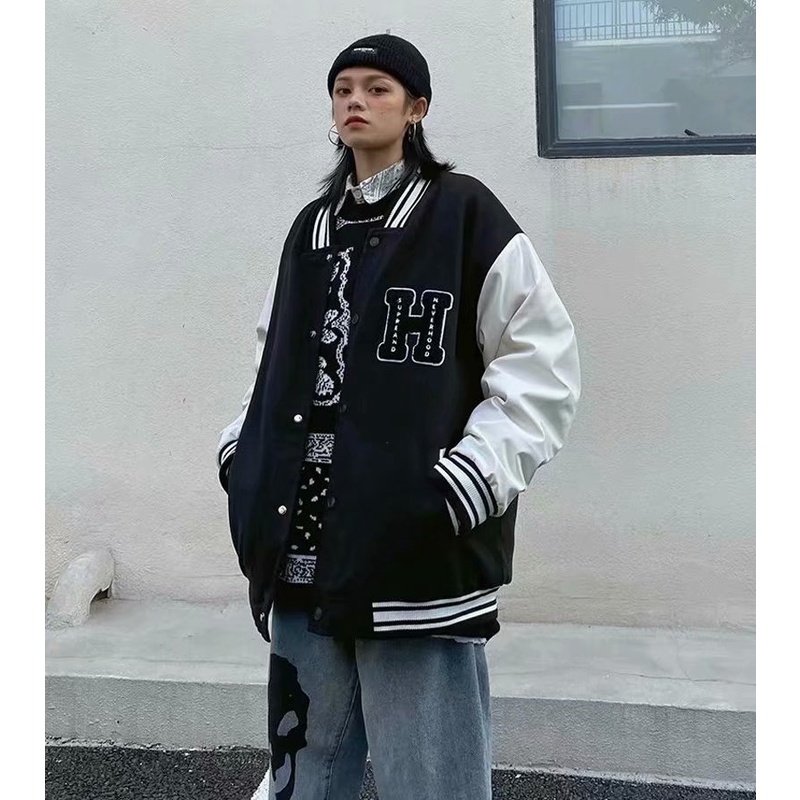 Áo khoác bóng chày thêu hoạt hình phối màu tương phản kiểu Hip-Hop Mỹ cá tính