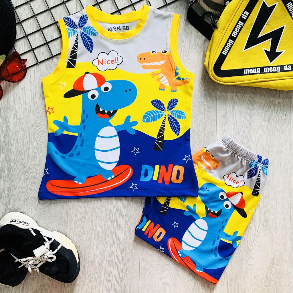 Bộ thun cotton lạnh thái in khủng long bé trai