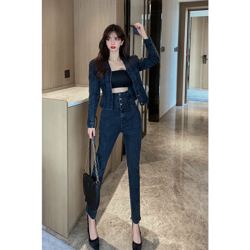 Set bộ Jean cao cấp nữ đẹp, sang chảnh áo croptop tay phồng quần ôm lưng cao