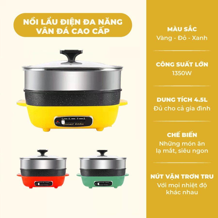 Nồi lẩu điện đa năng Nồi nướng lẩu đa năng Nồi điện đa năng Bếp lẩu nướng vân đá chống dính, lau rửa dễ dàng