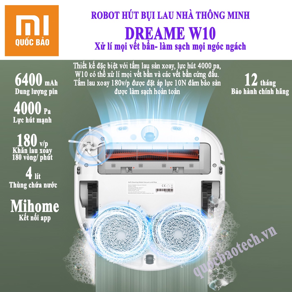 Robot hút bụi lau nhà thông minh Xiaomi Dreame W10 - Tự động làm sạch khăn lau,  - Hàng chính hãng bảo hành 1 năm