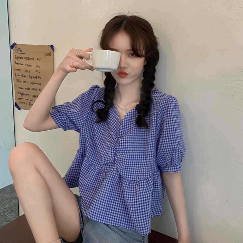 Áo sơ mi tay ngắn phồng cổ chữ V dáng rộng họa tiết sọc caro thời trang mùa hè mới dành cho nữ 2021