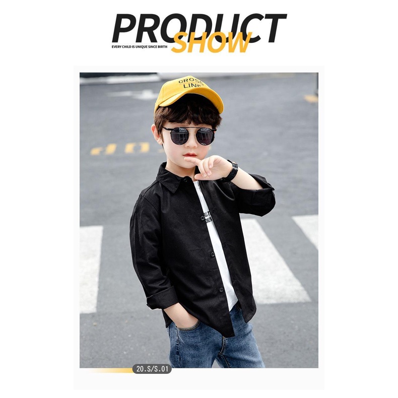 Áo Sơ Mi Cotton Màu Đen Trơn Tay Dài Cỡ Vừa Thời Trang Xuân Thu Cho Bé Trai