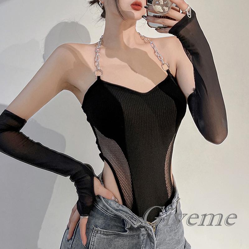 Bộ Áo Liền Quần Phối Lưới Dây Xích + Cánh Tay Màu Đen Hợp Thời Trang Cho Nữ