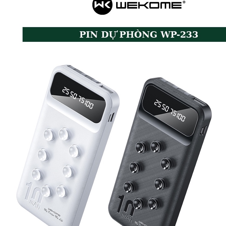 Pin sạc dự phòng Wekome  WP-233 10000mah tích hợp đèn led hiển thị dây cáp 3 in 1 3 đầu đa năng có cao su hít mặt lưng