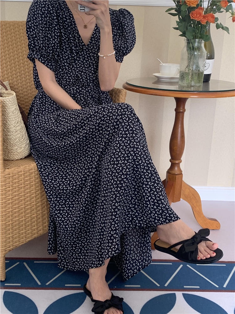 Đầm Tay Ngắn Dáng Ôm Cổ Chữ V In Hoa Thời Trang 50814