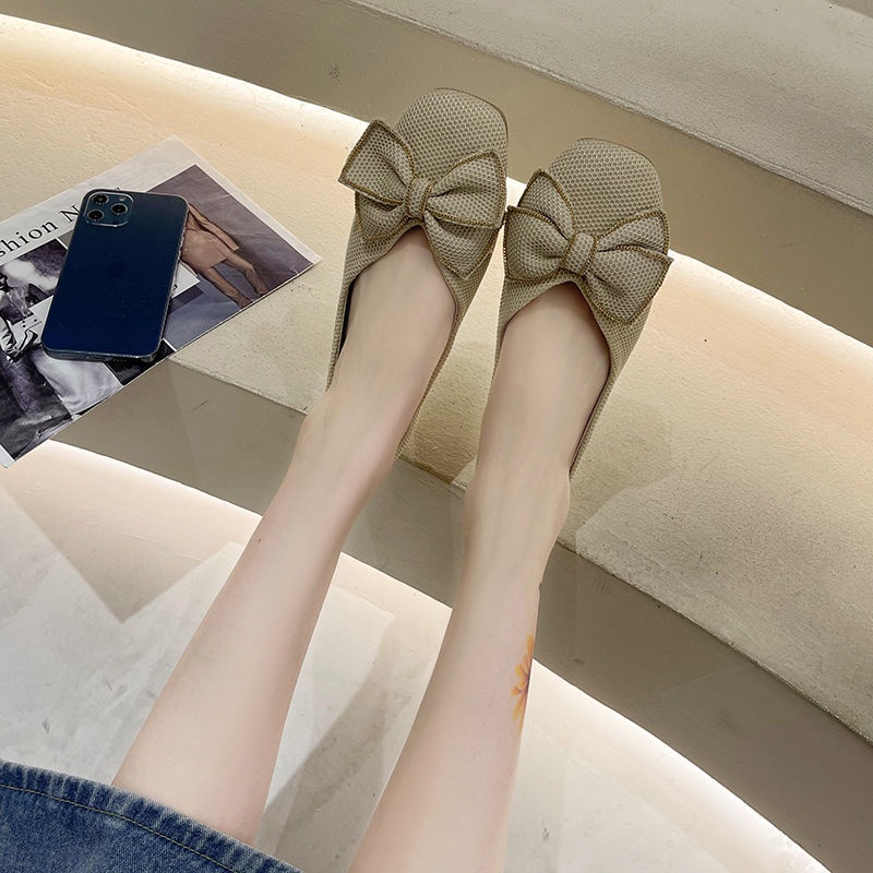 Giày Búp Bê Đế Bằng Miệng Nông Đính Nơ Dễ Phối Đồ Thời Trang Cho Nữ