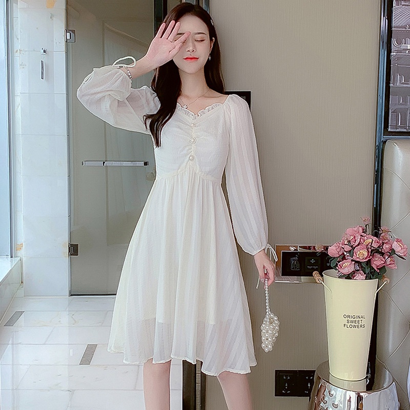 Váy babydoll, váy đi biển trắng tiểu thư, bánh bèo dáng dài tay bồng, đầm dự tiệc, đi chơi siêu xinh dáng xòe, VAY005