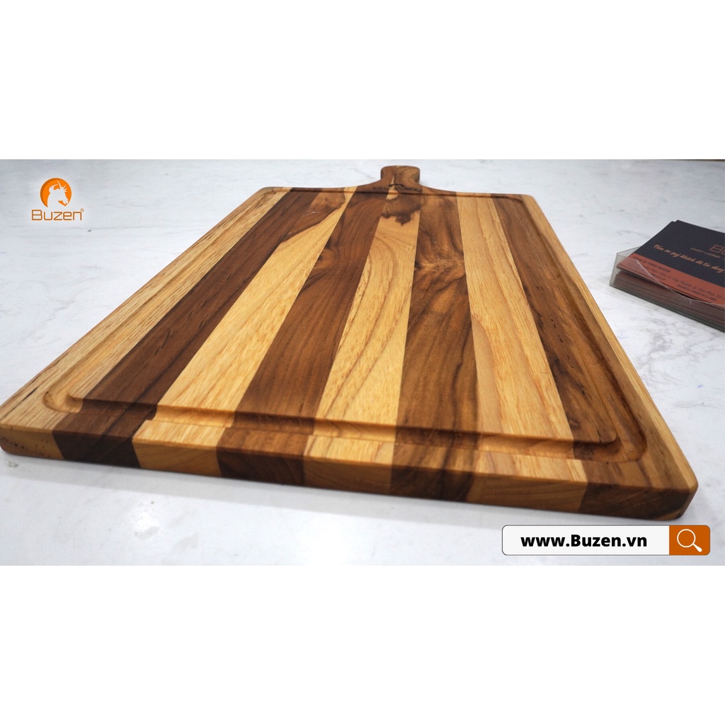 Thớt gỗ Teak BUZEN Chữ nhật Tay Cầm Có Rãnh - Thớt gỗ trang trí