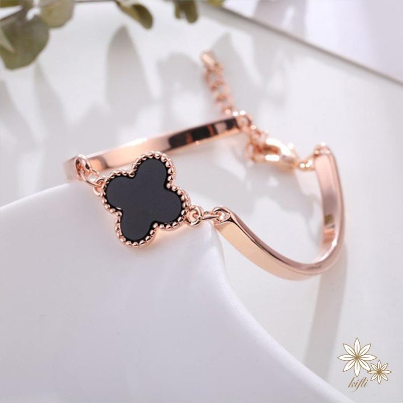 Vòng tay mạ vàng bằng thép titan hình cỏ bốn lá thời trang Hàn Quốc