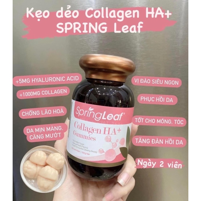 Kẹo Dẻo Collagen HA + Gummies SpringLeaf 60 viên- Làm đẹp da, giúp da căng mịn [Nội địa Úc]