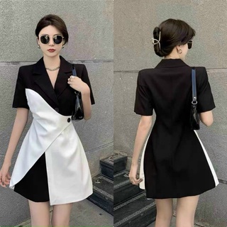 Váy đầm nữ tay ngắn cổ vest phối đen trắng kiểu dáng đầy cá tính