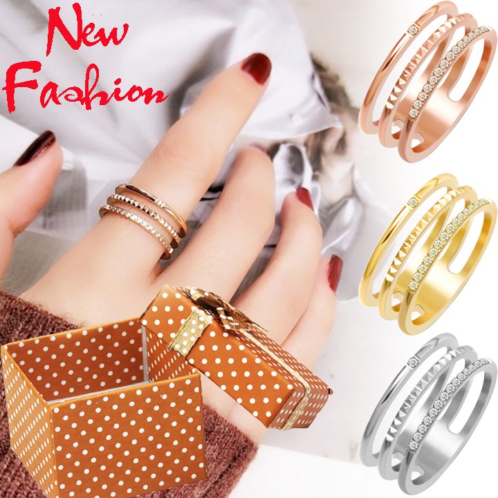 Nhẫn nữ titan cao cấp 3 sọc đính đá siêu đẹp, bền màu, chuẩn thời trang - Tặng hộp đựng xinh xắn