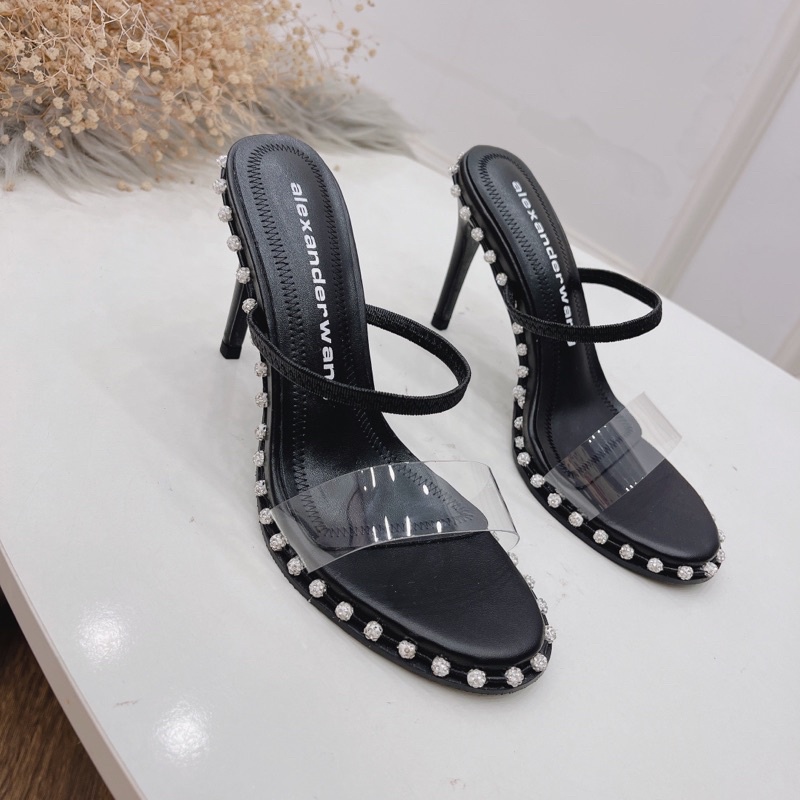 Sandal nữ cao gót nhọn 10cm quai trong viền bi đá loại 1 fullbox Bill túi