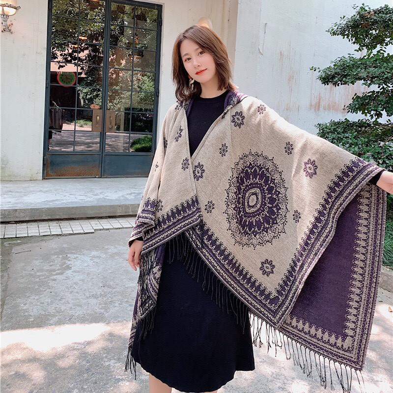Áo choàng boho có mũ khăn choàng mùa đông size 150*130cm - Mã LE29  Lemon