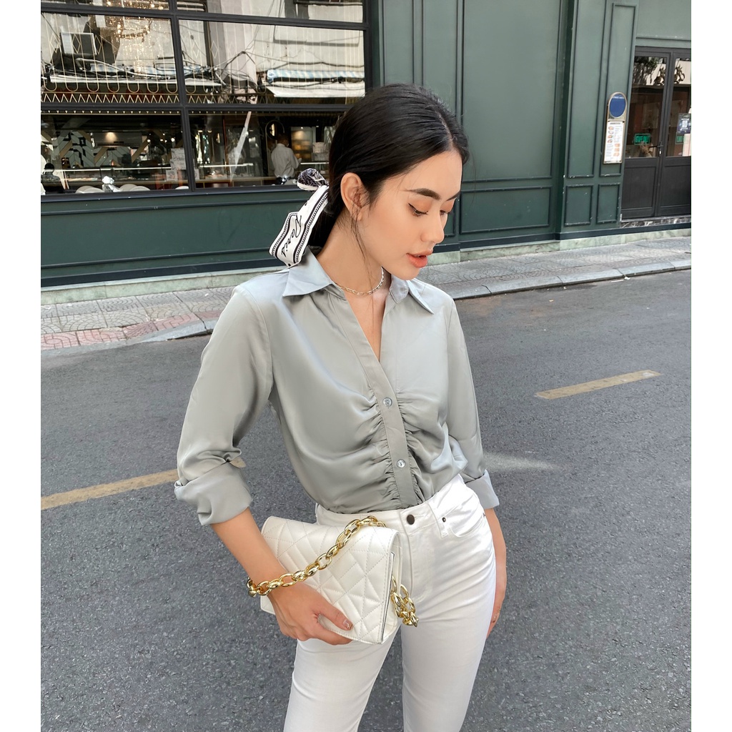 Áo sơ mi lụa xếp nhún trước MIEU - HD35