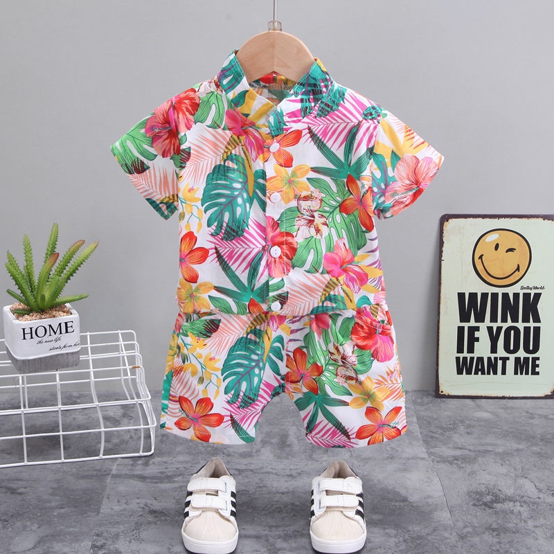 Set Đồ Đi Biển 2 Món Áo Sơ Mi Tay Ngắn Phối Quần Short Mỏng In Hoa Thời Trang Đi Biển Cho Bé