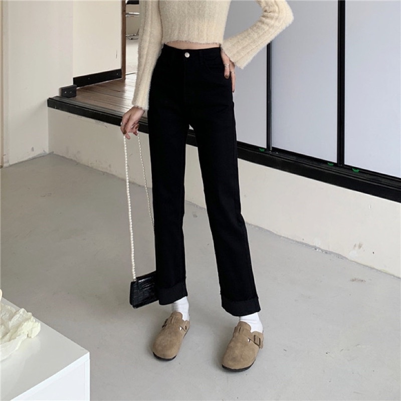 BASIC JEANS - Quần jeans cạp cao gập gấu ống đứng, chất liệu co dãn độ dày vừa phải, dễ mặc tôn dáng