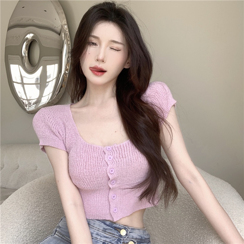 HUANG YOYO Áo Thun Dệt Kim Tay Ngắn Cổ Vuông Màu Kẹo Ngọt Thời Trang Phong Cách Hàn Quốc Cho Nữ