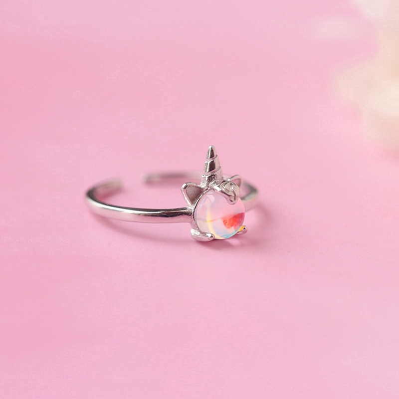 Nhẫn đá pha lê hình kỳ lân xinh xắn cho nữ Unicorn Ring Korea Crystal Opening Silver Rings Women Jewelry