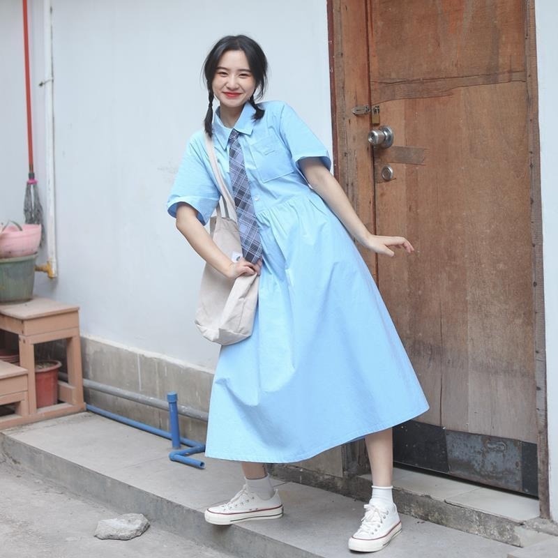 Đầm Sơ Mi Cổ Polo Cài Khuy Màu Hồng Kiểu Nhật Bản Thời Trang Mùa Hè Mới Cho Nữ