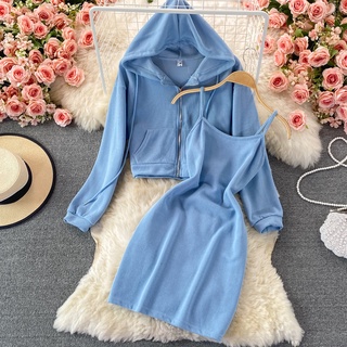 Full set đầm 2 dây + áo khoác có mũ ulzzang Hàn Quốc Đ802