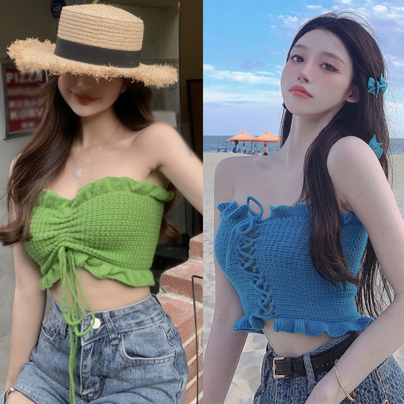 Áo Croptop Dệt Kim Màu Sắc Trơn Phối Dây Rút Gợi Cảm Dành Cho Nữ