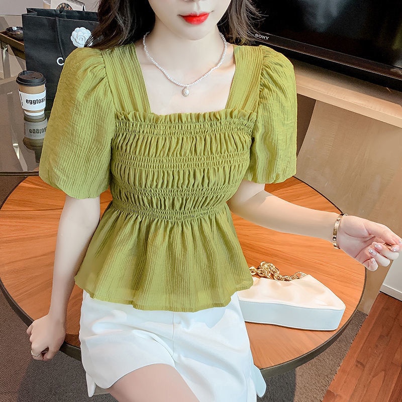 Áo Kiểu Tay Phồng Ngắn Cổ Vuông Xếp Ly Phong Cách Hàn Quốc Ngọt Ngào Cho Nữ