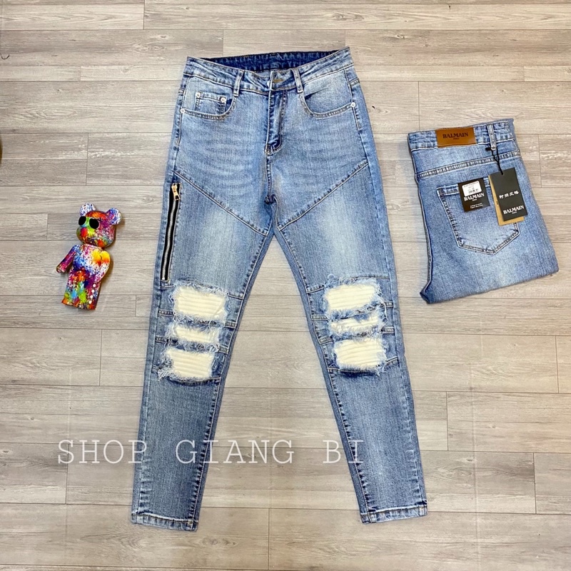 Quần jean vá da nhăn mikenco,quần bò mikenco vá da nhăn màu trắng dáng slimfit