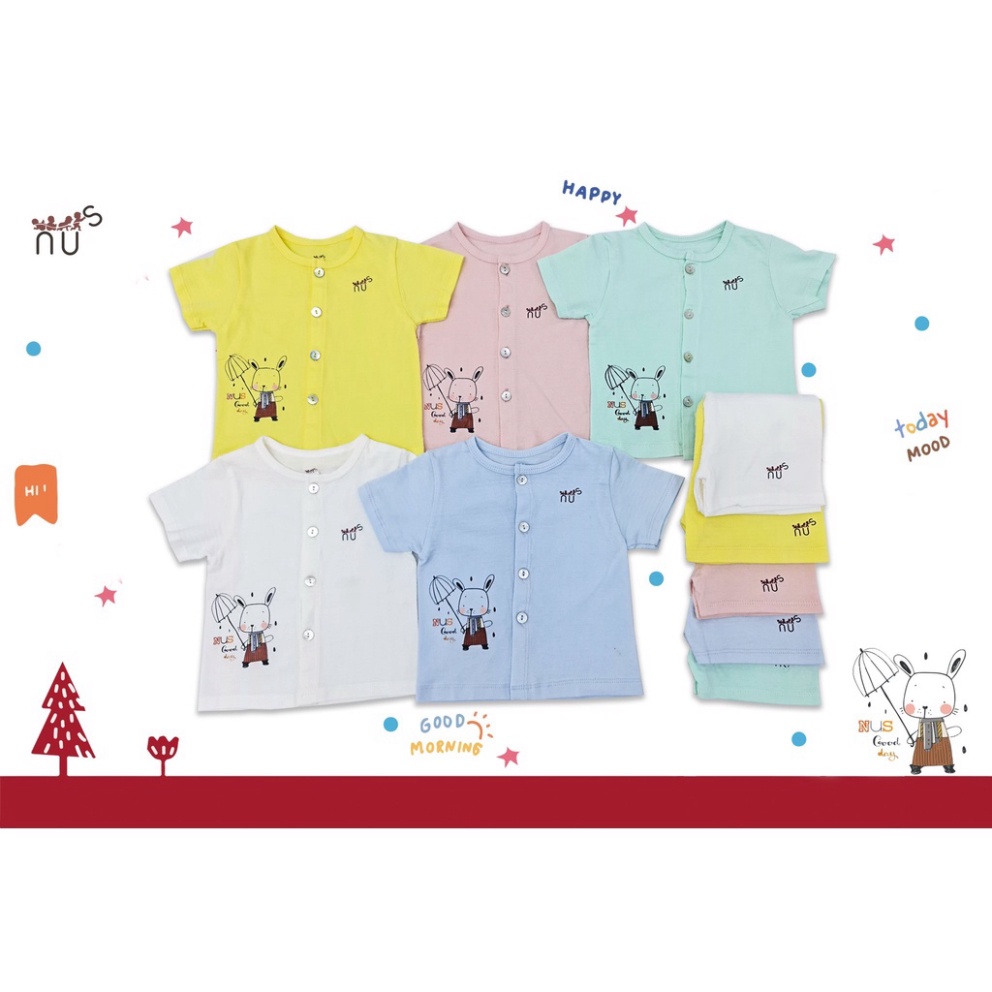 Bộ quần áo cộc tay cho bé cài thẳng họa tiết chuột che dù mềm mịn, dễ thương nhà NUS cho bé dưới 20kg